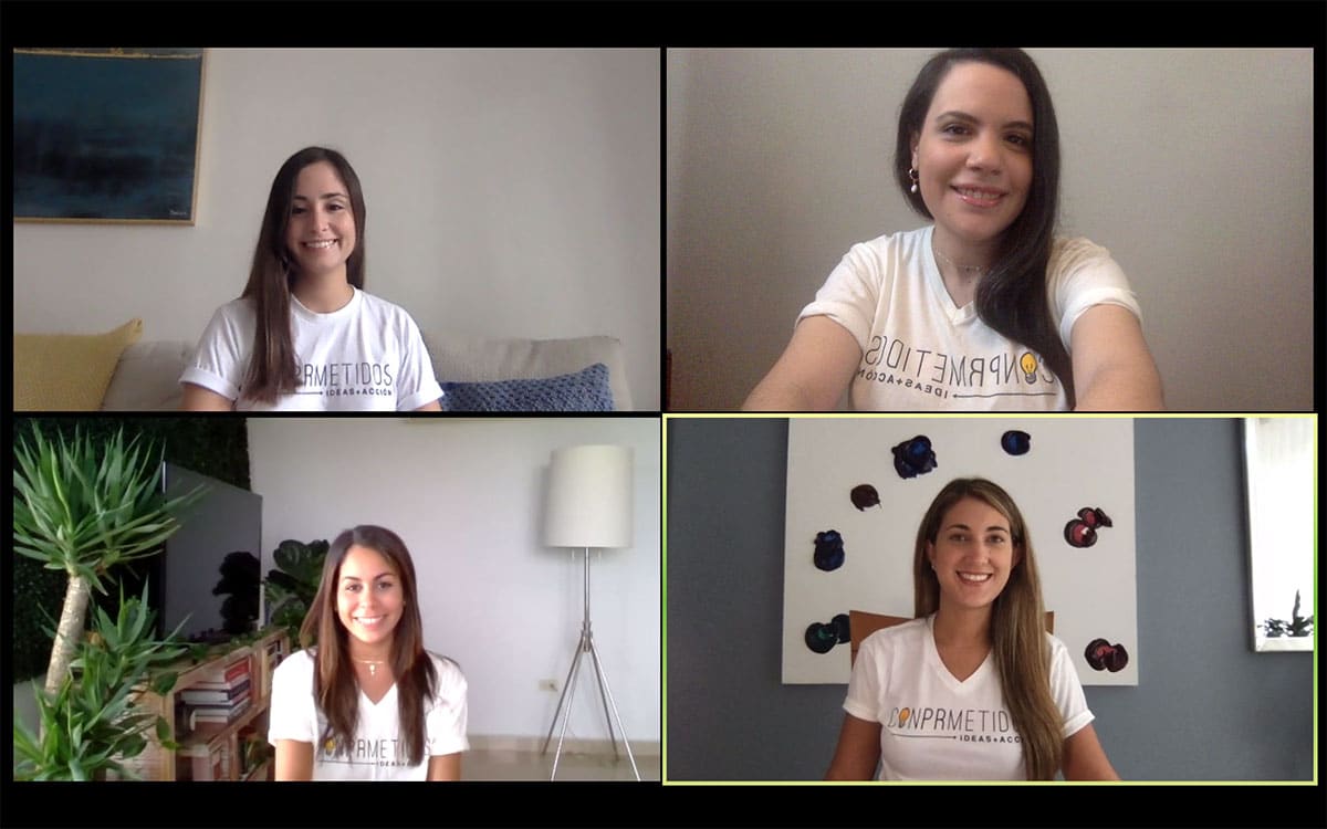 Video call screenshot of Isabel Rullan, Ana Laura Miranda, Mili Landrón y Aurora Hernandez