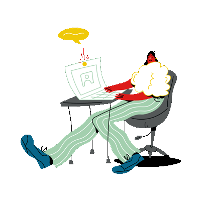 Illustration of a worker sitting at a desk with laptop and chair